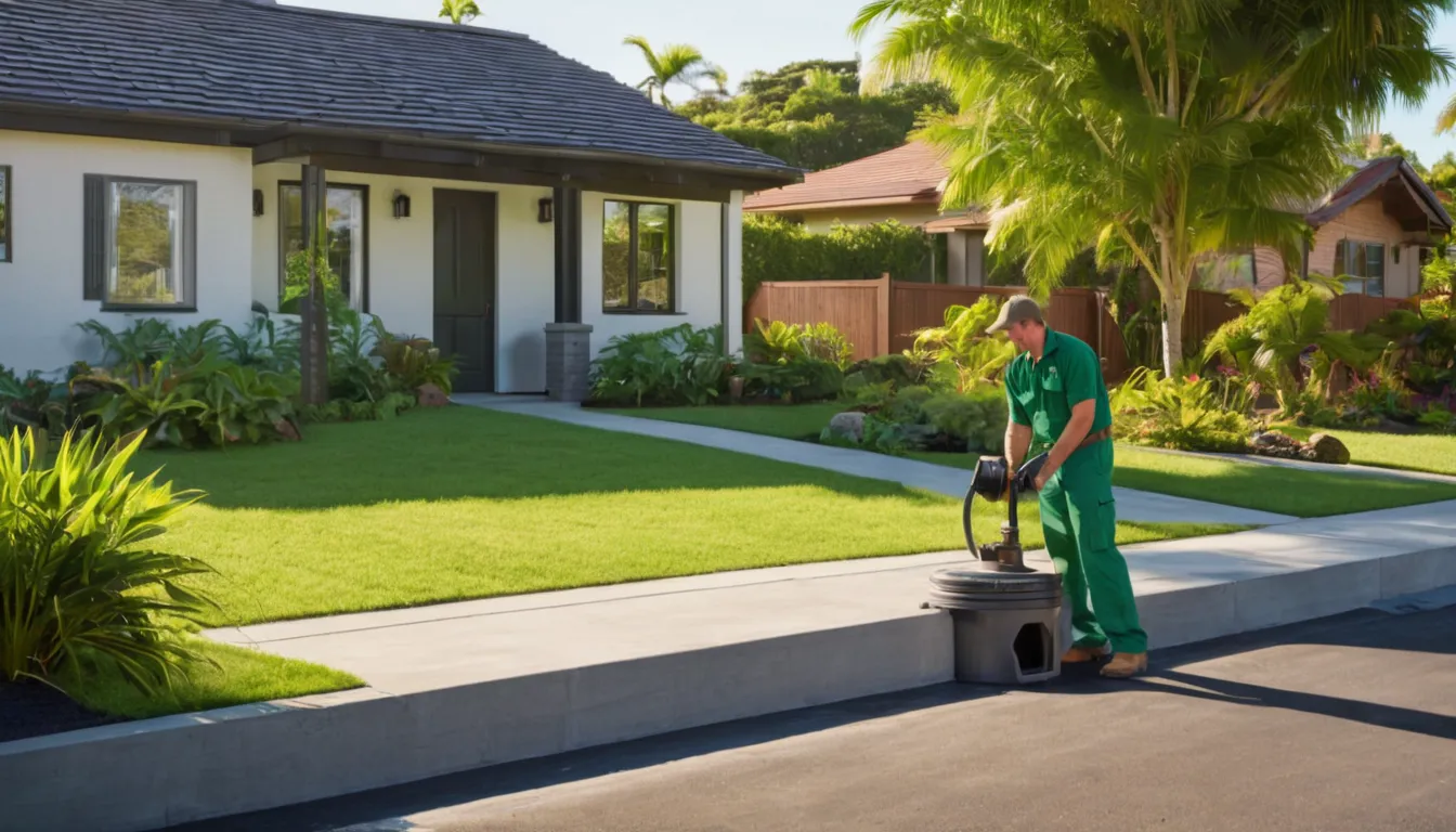 A septic pumping provider checking a tank lid beside a tidy home in Temple Terrace while a homeowner looks on