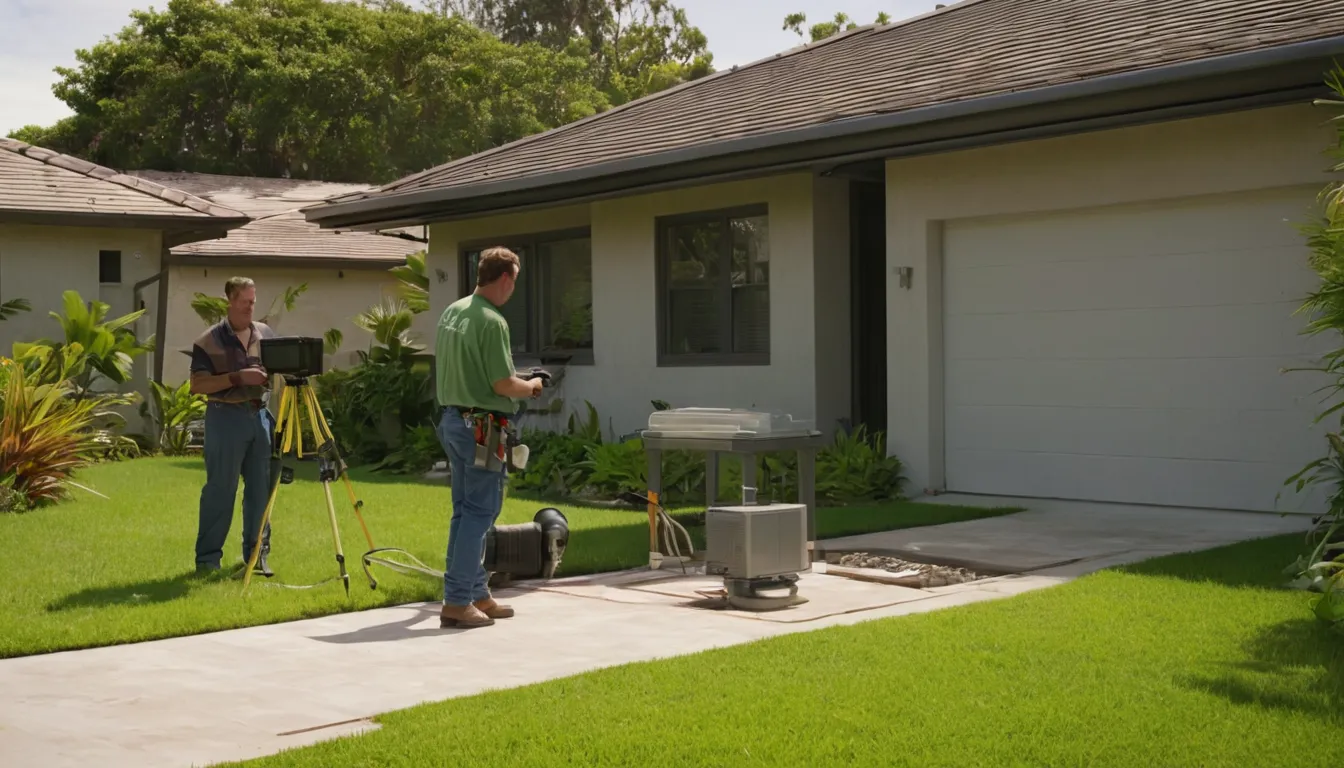 Local provider reviewing a camera inspection screen with a homeowner beside an open sewer cleanout in a Temple Terrace yard